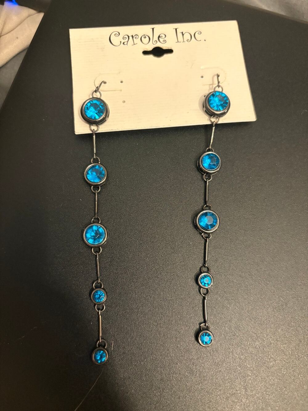 Vintage Carole Inc Blue Crystal Dangle Earrings Old Stock NWT